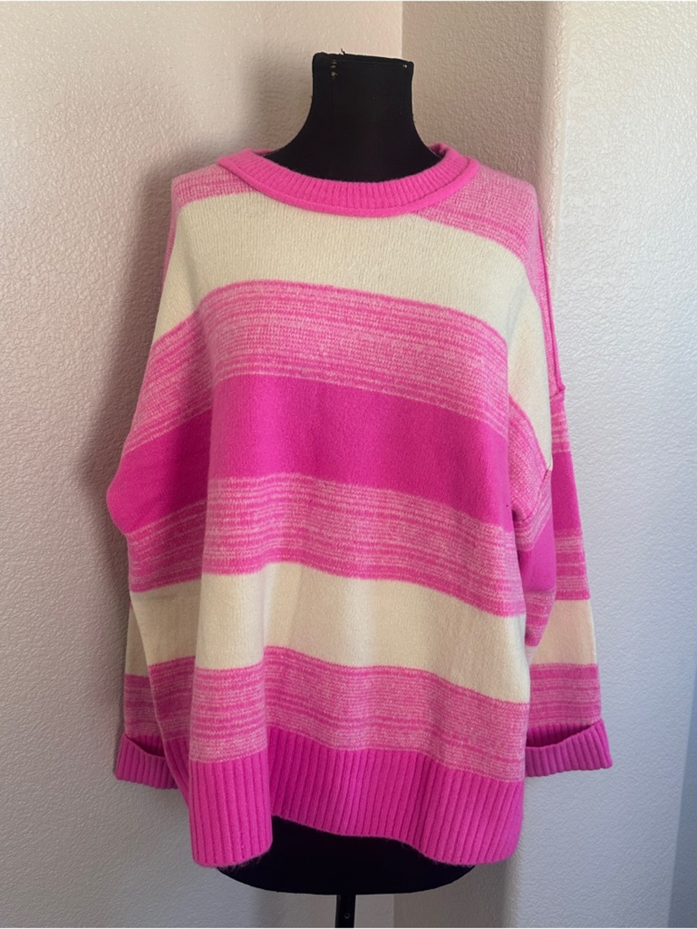 She + Sky Hot Pink & Cream Striped Crewneck Sweater